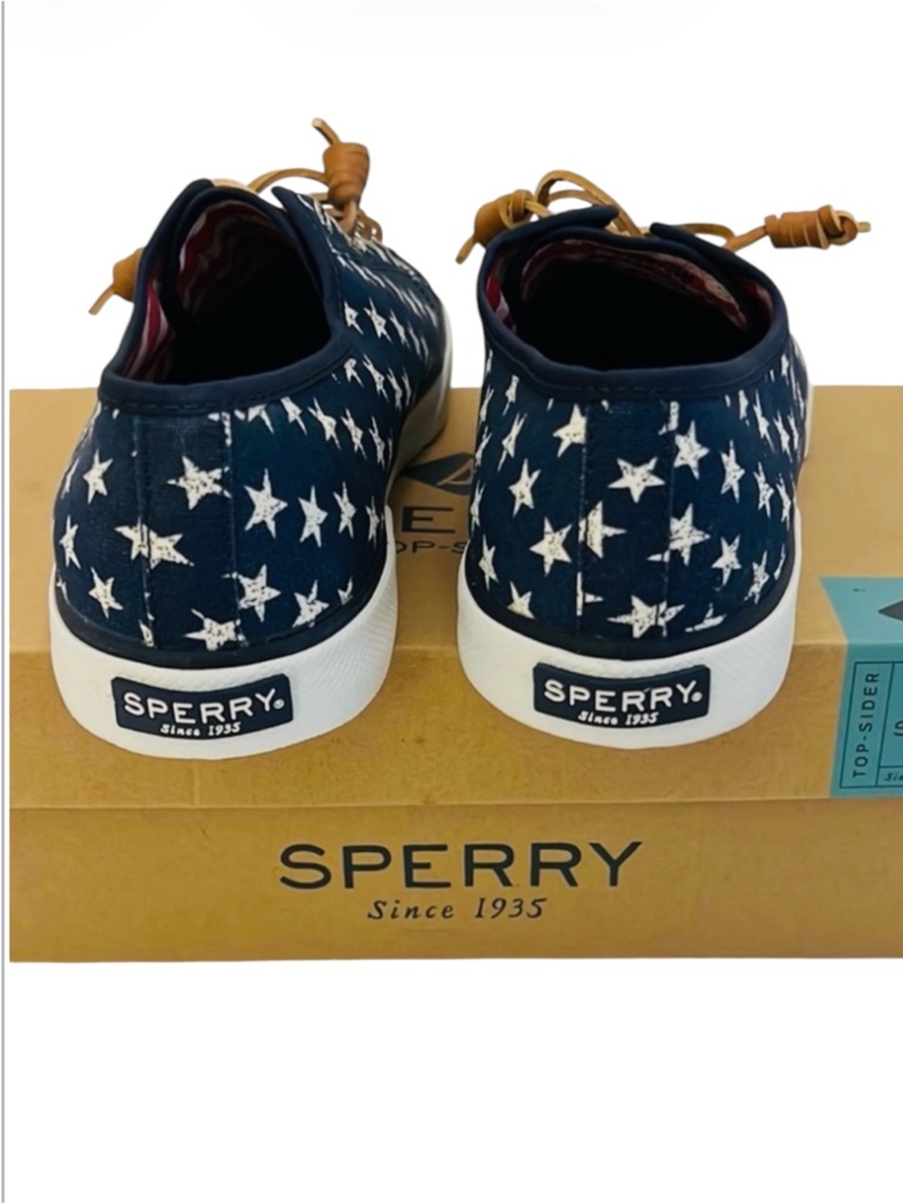 Sperry Chic Navy Pier View Stars Print Canvas Sneakers with Tan Laces Size 7 1/2 - Picture 4 of 7
